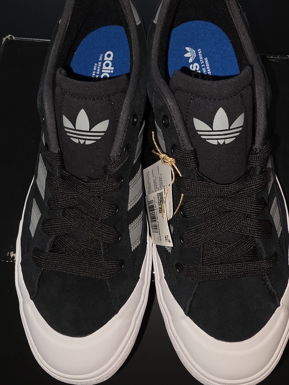 adidas Men’s Black Sneakers with Gray Stripes and White Toe